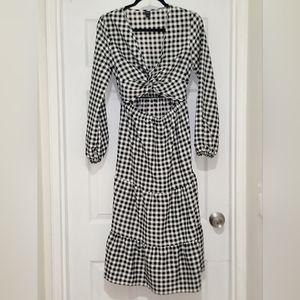 SHEIN VCAY Gingham Twist Cut Out Ruffle Hem Bishop Sleeve Dress, Sz M, Blk/Wht